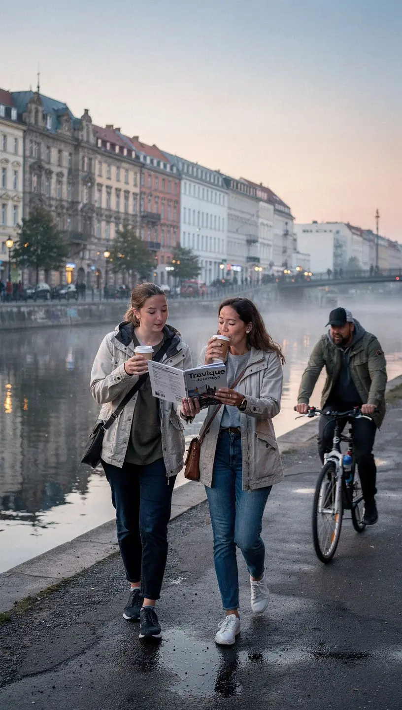 Ein gemütliches Café in einer historischen Gasse von München mit Tisch im Freien.